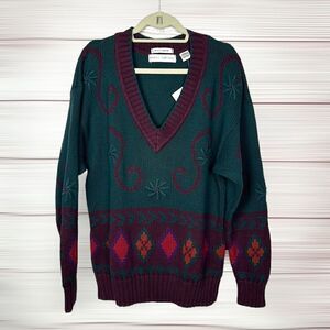 NWT Men’s Henry Grethel Vintage Cotton Deep V-neck Green Burgundy Sweater L